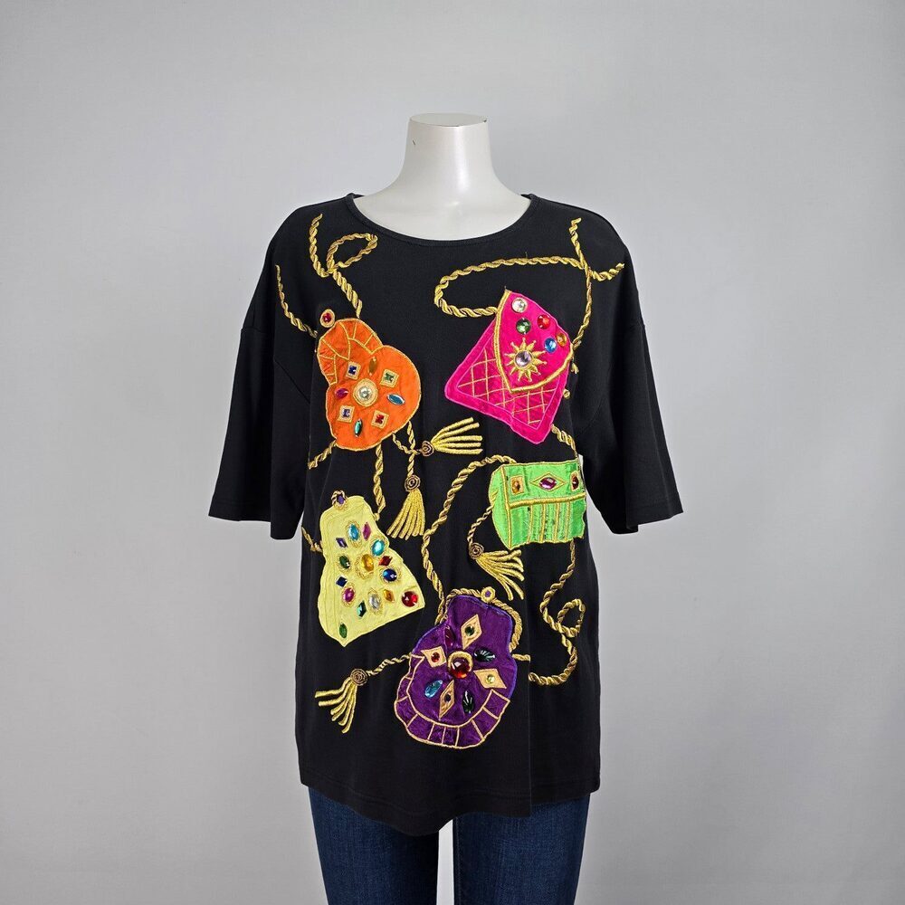 Vintage Valenti Gold Chain Embroidered Floral Graphic Black T-shirt Sz M/L